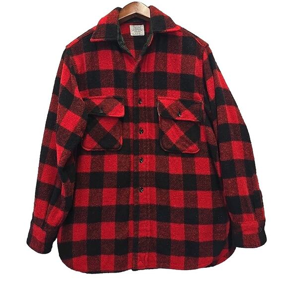 Vtg Sears Roebuck Mens Wool Blend Buffalo Plaid Flannel Sz 14-S-14½ USA Made Red - Picture 1 of 6